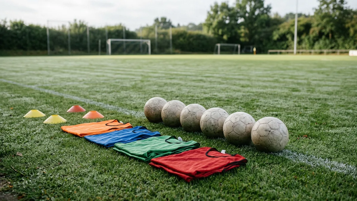 Trainingsleibchen und Bälle auf dem Rasen eines Fußballplatzes am Morgen