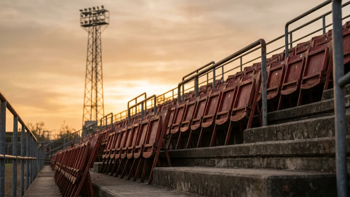Leere Tribüne mit roten Klappsitzen, Geländern und Betonstufen, dahinter ein Flutlichtmast vor Abendhimmel