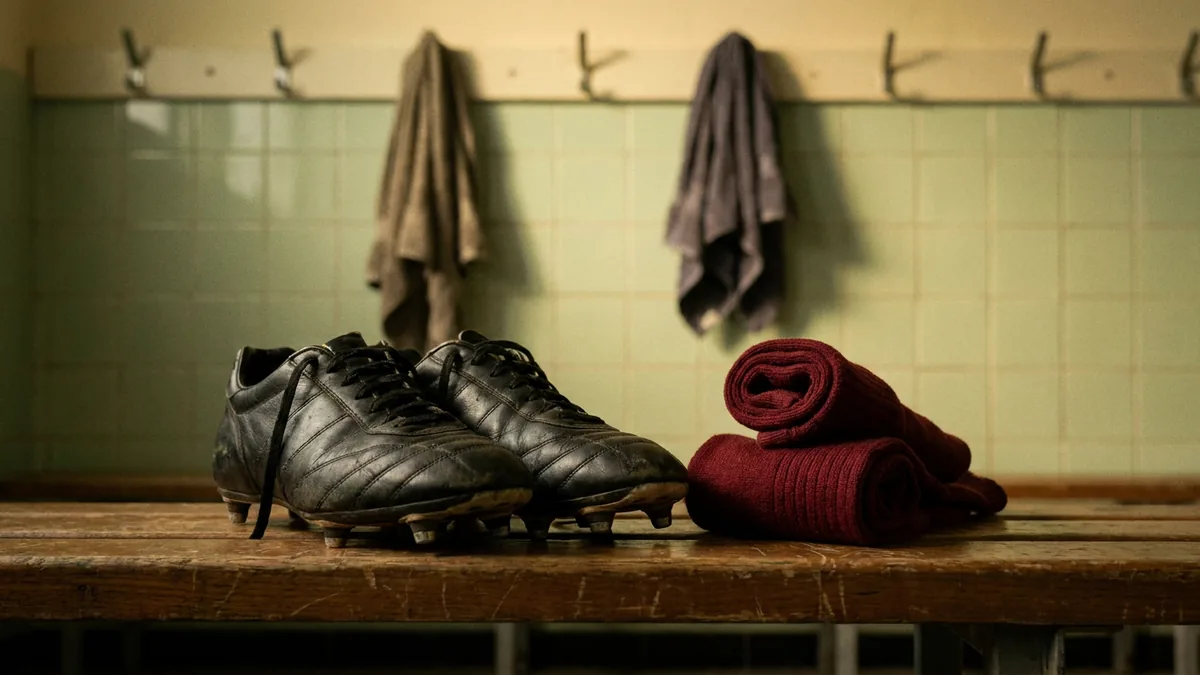 Schwarze Fußballschuhe mit Stollen und gerollte weinrote Stutzen auf einer Holzbank, an der Wand hängen Handtücher