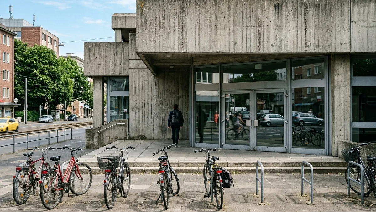 Eingangsbereich eines innerstädtischen Hallenbads in Köln, Betonfassade und Fahrradständer am Vormittag
