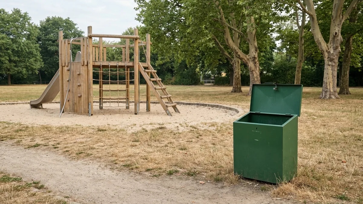 Offener Abfallbehälter neben einem leeren Spielplatz am frühen Morgen