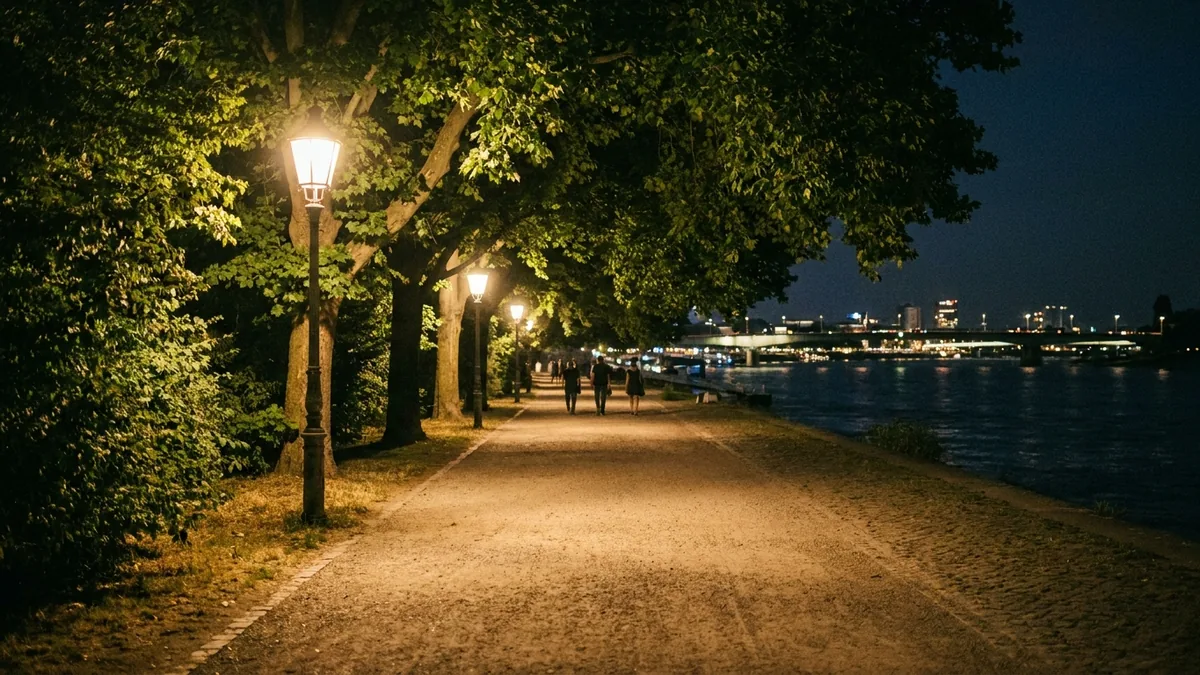 Laternenbeleuchteter Uferweg unter Bäumen bei Nacht, wenige Spaziergänger, rechts Wasser und eine erleuchtete Brücke