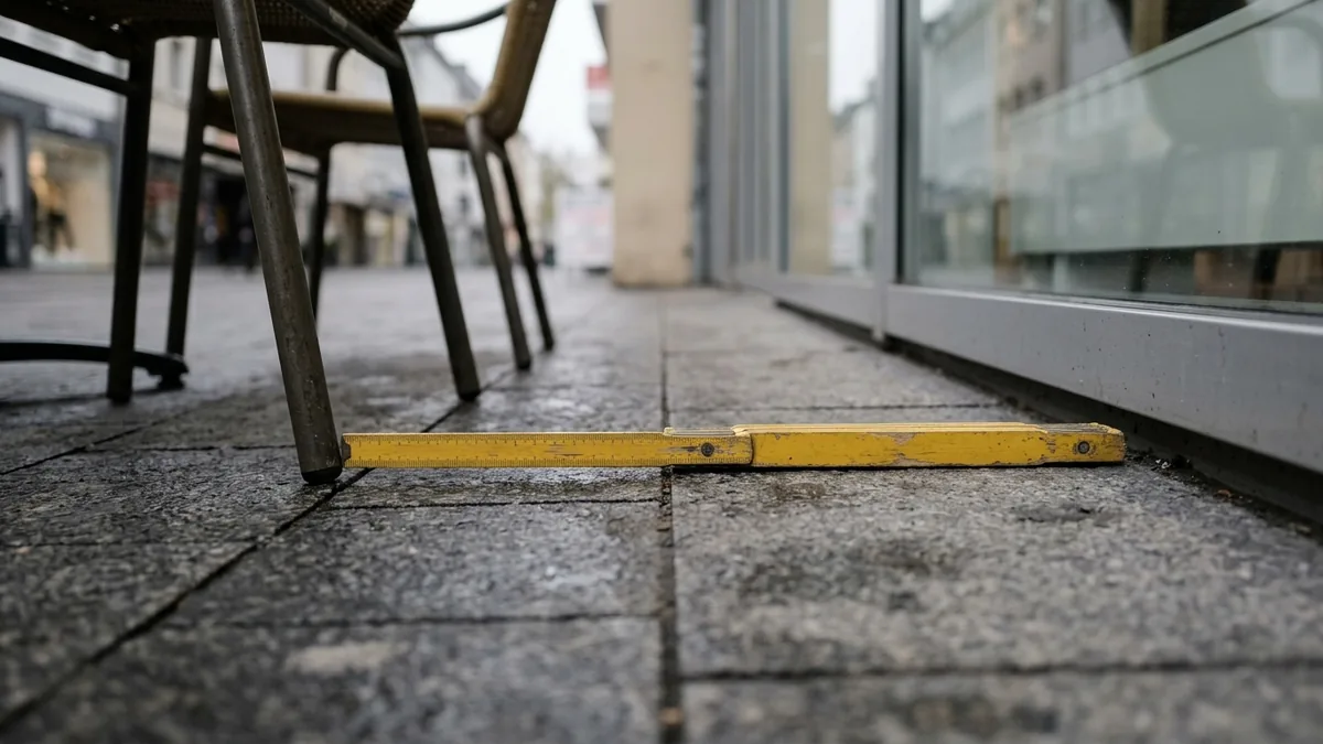 Gliedermaßstab auf dem Pflaster einer Einkaufsstraße, misst den Abstand zwischen Stuhlreihe und Schaufenster