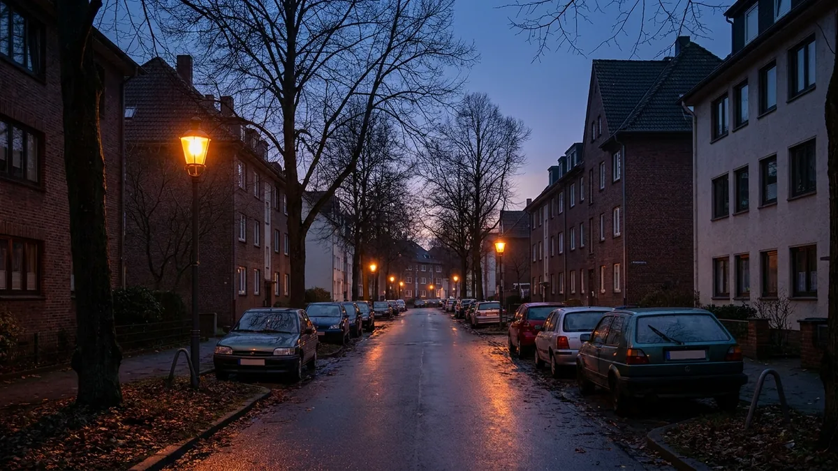 Wohnstraße mit kahlen Bäumen in der Dämmerung, brennende Laternen, geparkte Autos und nasser Asphalt