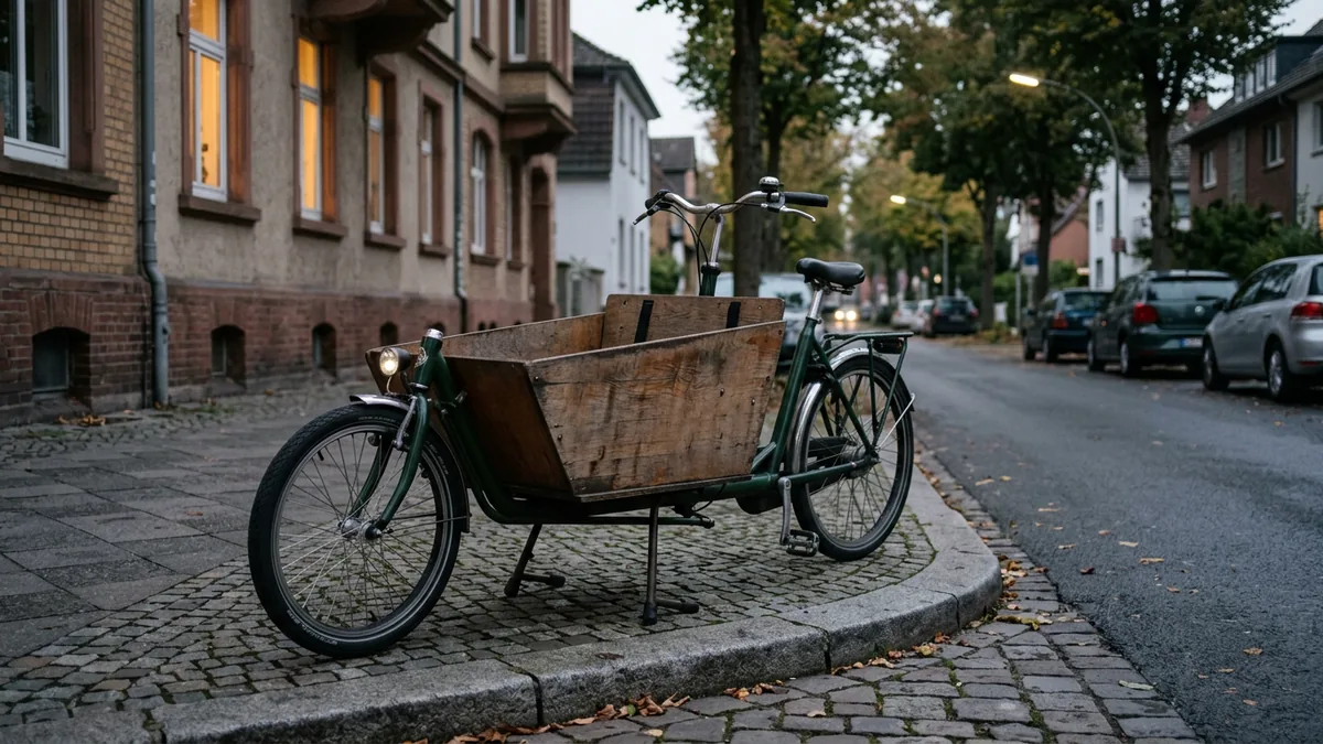 Abgestelltes Lastenrad mit leerer Transportkiste an einem Bordstein