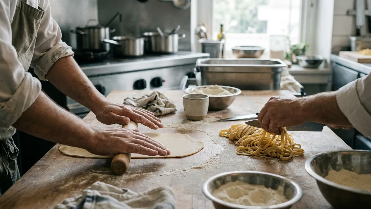 Hände formen frische Pasta auf einer bemehlten Arbeitsfläche