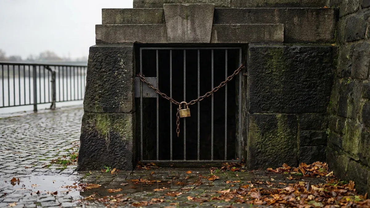 Vergittertes Tor in einem dunklen Natursteinsockel, gesichert mit Kette und Vorhängeschloss, davor nasses Pflaster mit Laub