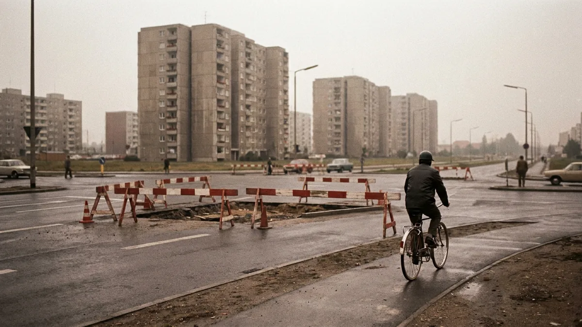 Große Kreuzung mit Verkehrsinsel und Absperrbaken vor Hochhäusern in Köln-Chorweiler