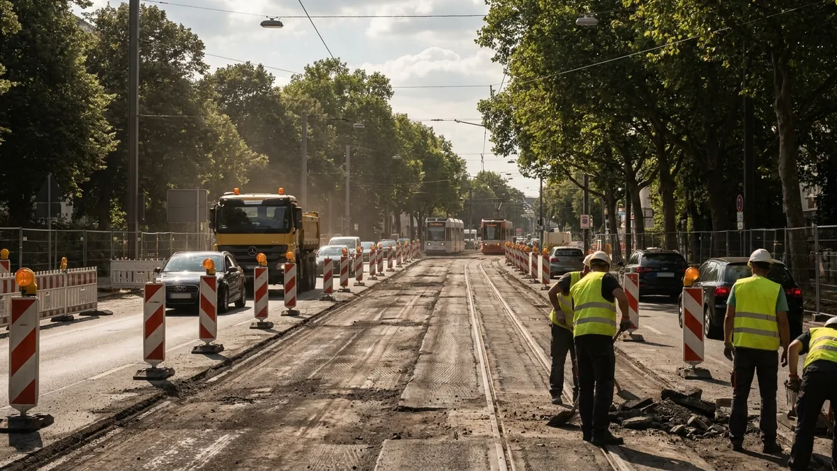 Sommerliche Straßenbaustelle mit Baken und aufgerissener Fahrbahn auf einer Ausfallstraße