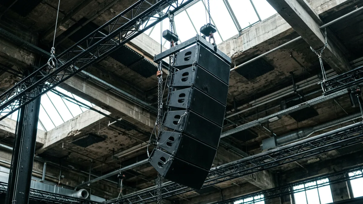 Detailaufnahme eines Line-Array-Lautsprecherturms unter Traversen einer Halle