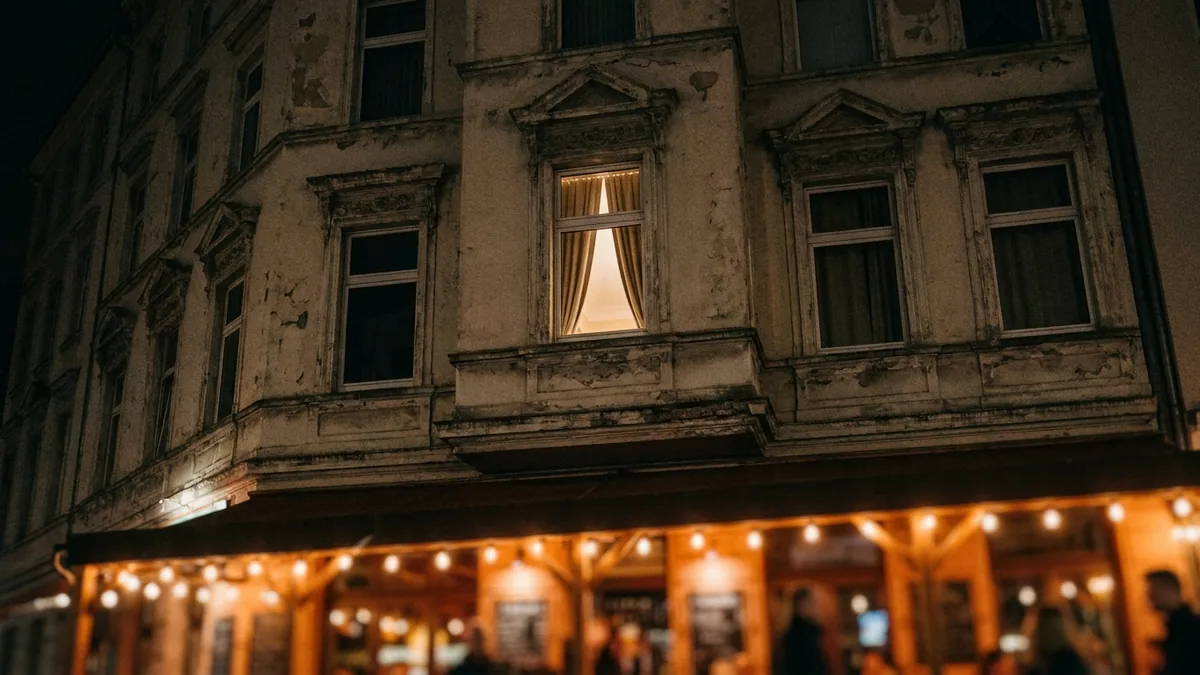 Altbaufassade bei Nacht mit einem erleuchteten Fenster, darunter eine Gastronomie mit Lichterketten und Gästen