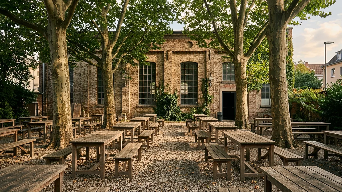 Außenbereich eines Kölner Veranstaltungshauses mit Biergartenmöbeln unter Bäumen