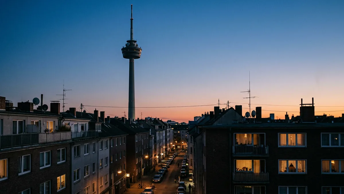 Ein hoher Fernsehturm ragt bei Dämmerung über die Dächer eines Kölner Innenstadtviertels