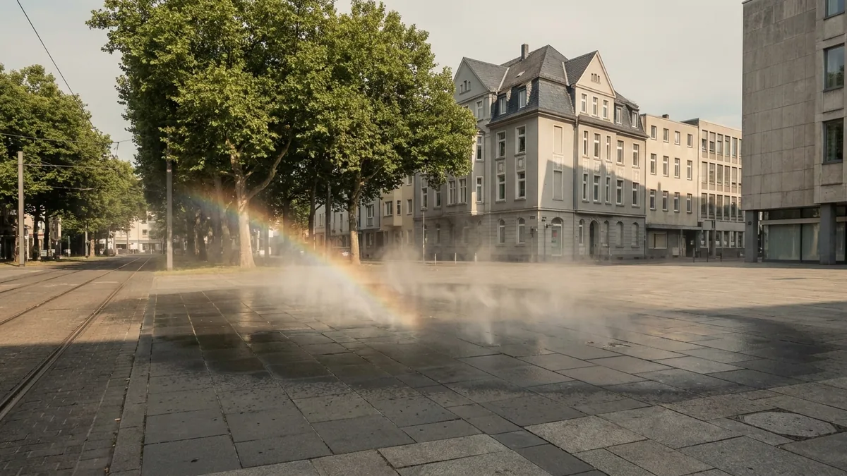 Feiner Wassernebel über einem gepflasterten Stadtplatz an einem heißen Sommernachmittag