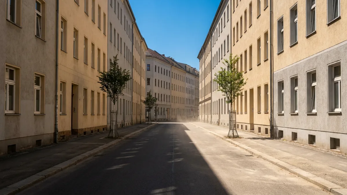 Dicht bebaute Straßenschlucht mit Altbaufassaden, Asphalt und wenigen Bäumen