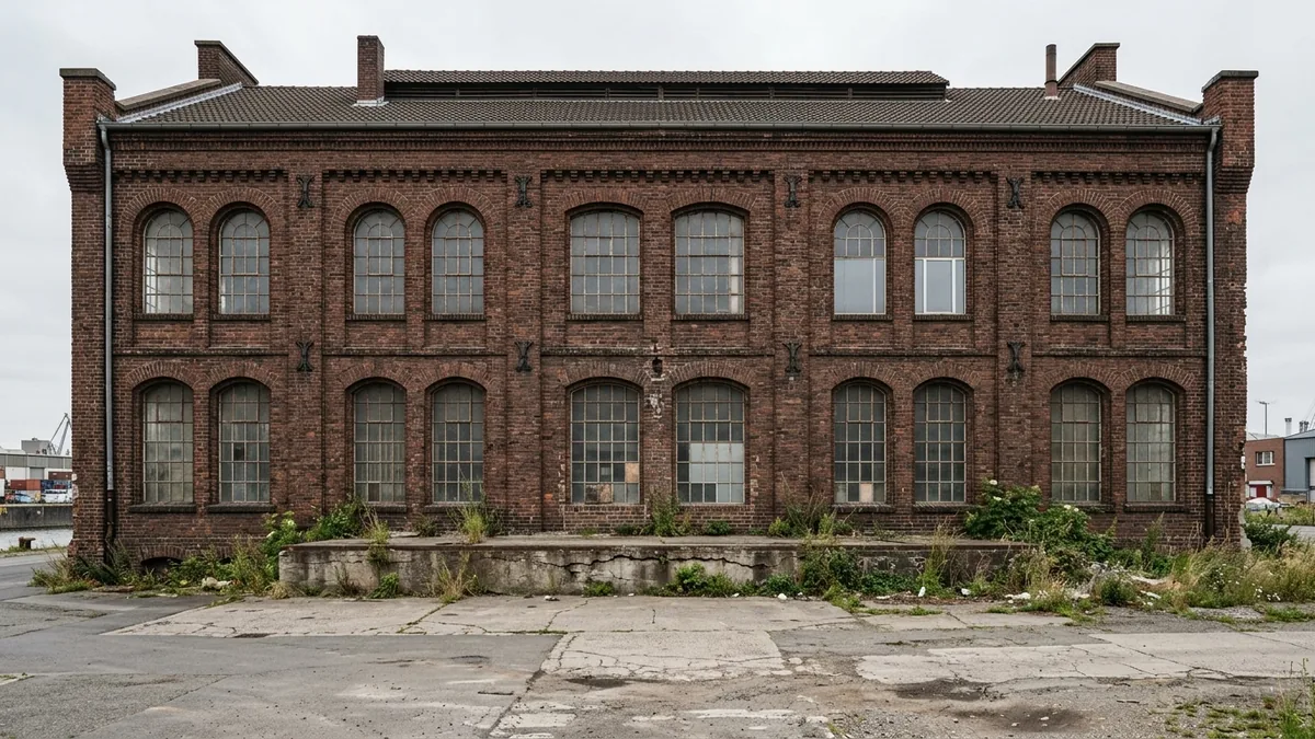 Backsteinfassade eines historischen Industriegebäudes mit hohen Werkstattfenstern