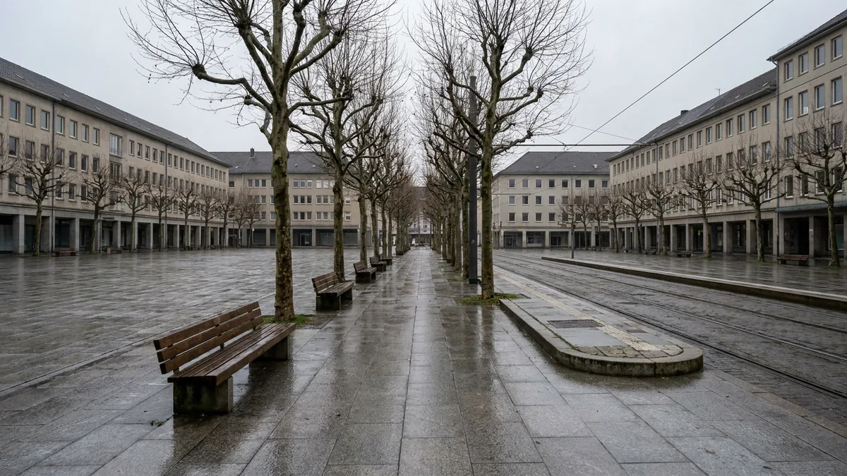 Menschenleerer Platz bei Regen mit kahlen Bäumen, Bänken und Straßenbahngleisen, gesäumt von Gebäuden mit Arkaden