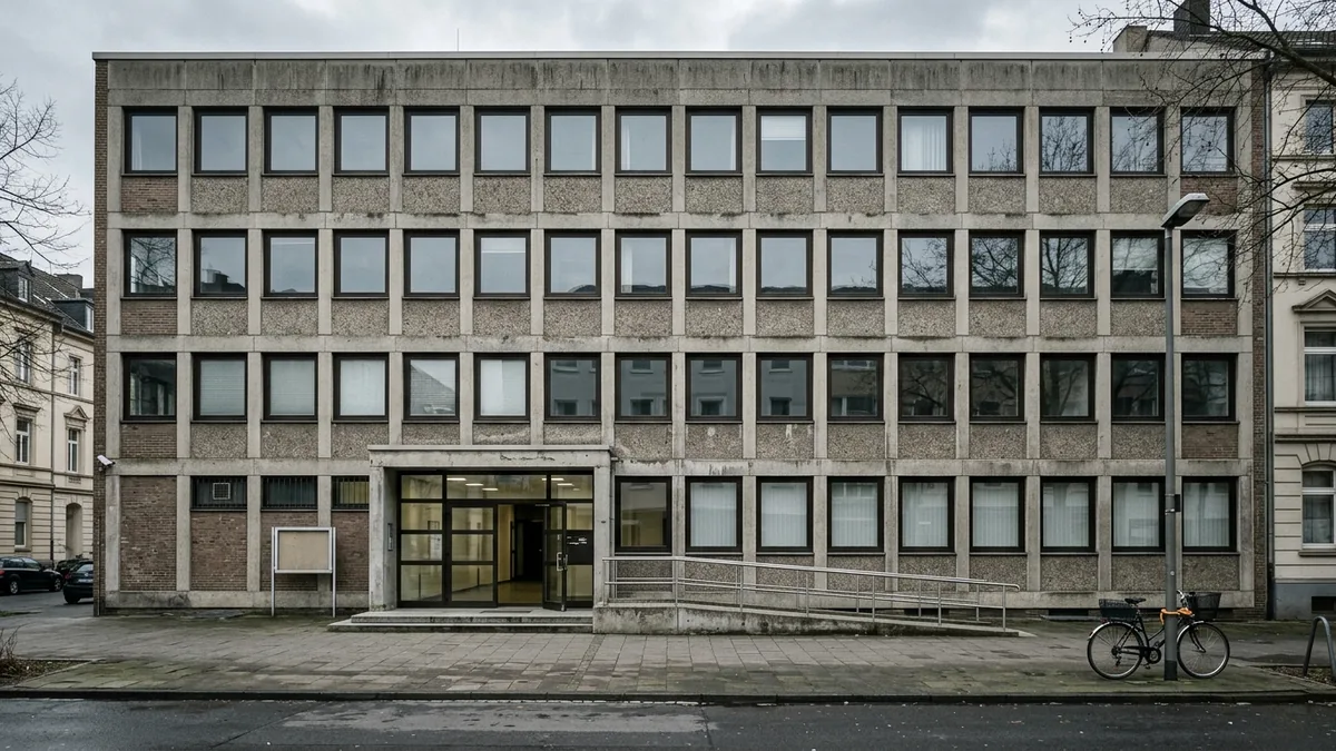 Fassade eines Beratungsgebäudes mit geöffneter Eingangstür in Köln