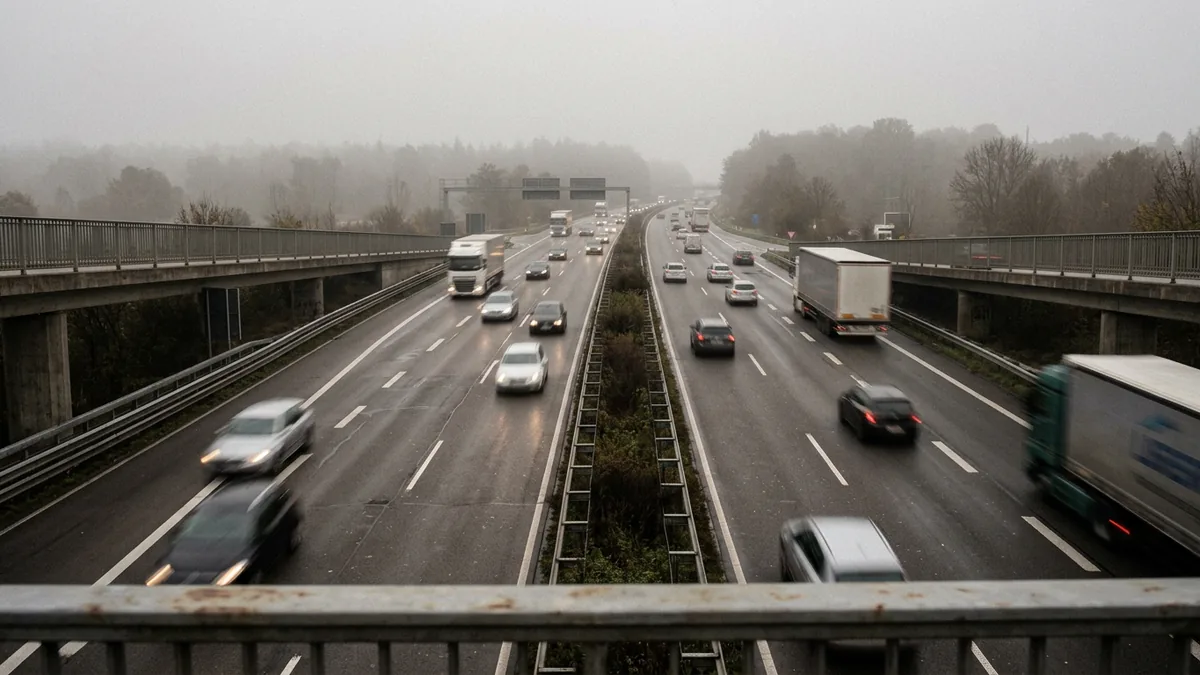 Autobahnabschnitt zwischen Köln und Bonn bei diesigem Wetter