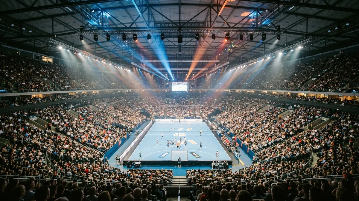 Blick vom Oberrang auf ein Handballfeld in einer voll besetzten Arena