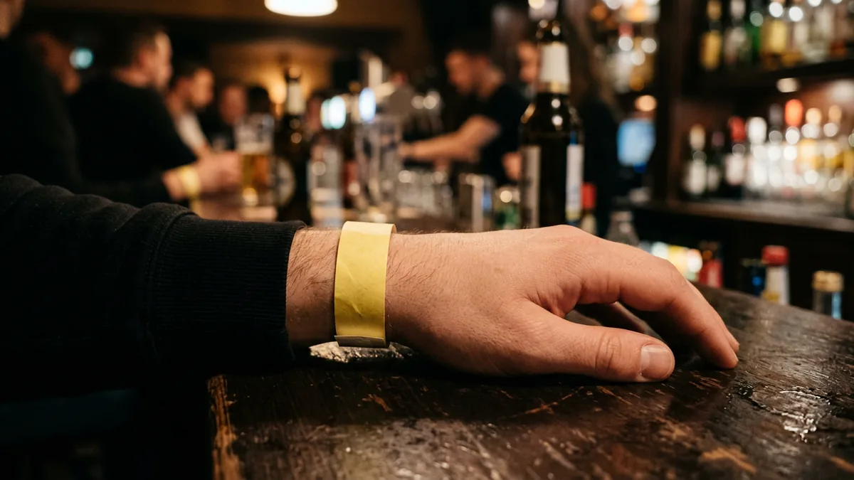 Detail eines Papierbändchens an einem Handgelenk vor unscharfem Clubtresen