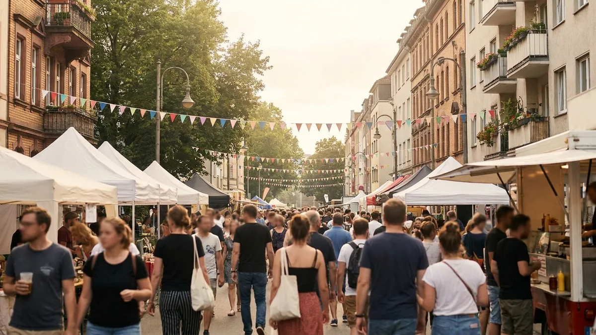 Menschenmenge zwischen Marktständen auf der autofreien Venloer Straße beim Ehrenfelder Straßenfest