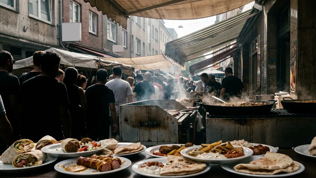 Essensstände mit Besucherschlange auf dem Ehrenfelder Straßenfest