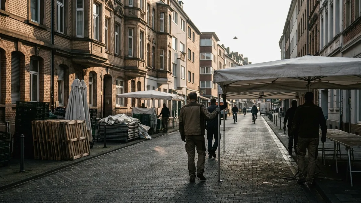 Abbau der Stände auf der Venloer Straße am Morgen nach dem Straßenfest