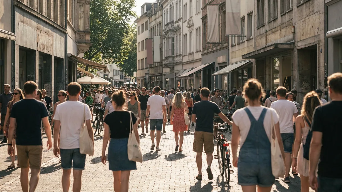 Belebte autofreie Einkaufsstraße in Köln mit Passanten von hinten an einem Sommertag