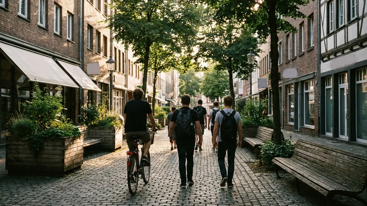 Radfahrerin und Fußgänger von hinten in einer Fußgängerzone