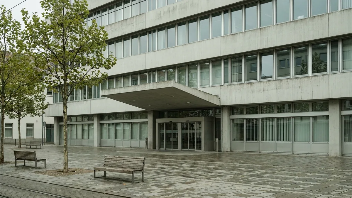 Verwaltungsgebäude mit Glasfassade an einem Platz in Köln-Mülheim