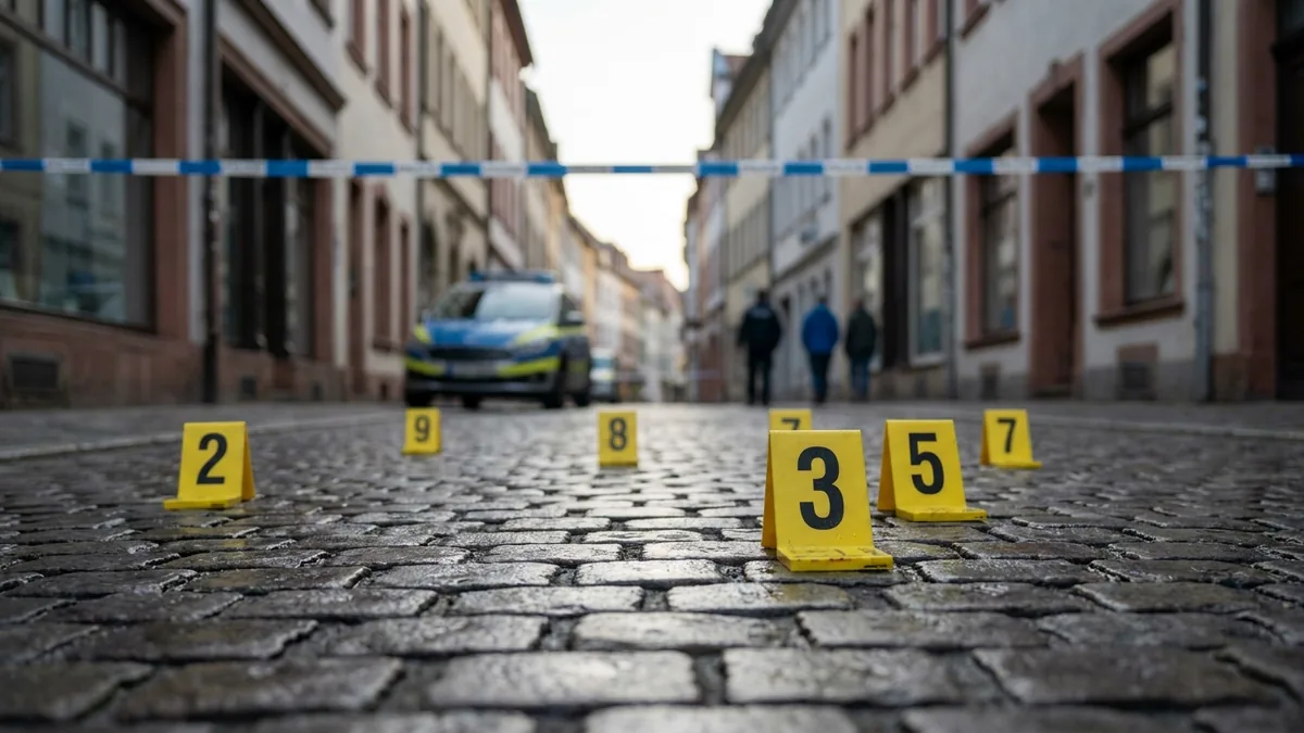 Nummerierte Spurenmarker der Polizei auf dem Pflaster einer Einkaufsstraße