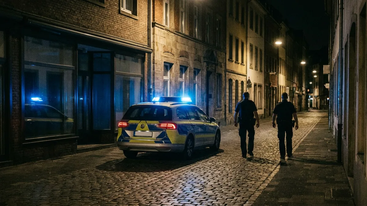 Streifenwagen mit Blaulicht bei Nacht in einer Innenstadtstraße