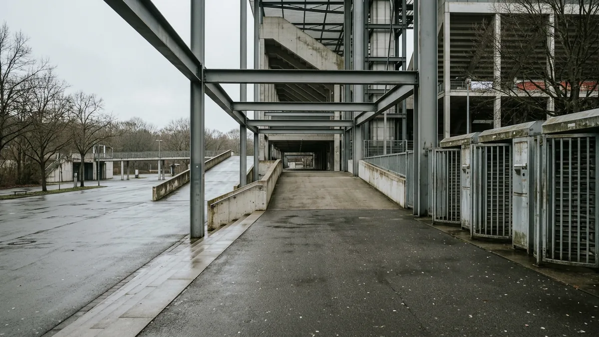 Geschlossene Drehkreuze und Betonrampen an einem leeren Stadionvorplatz