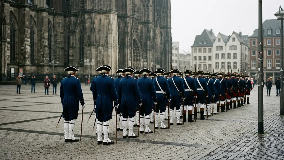 Uniformierte Gardegruppe stellt sich auf einem Kölner Platz auf, Rückenansicht