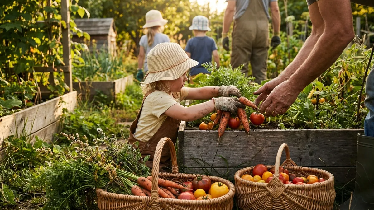 Kinderhände ernten Gemüse in einem Hochbeet