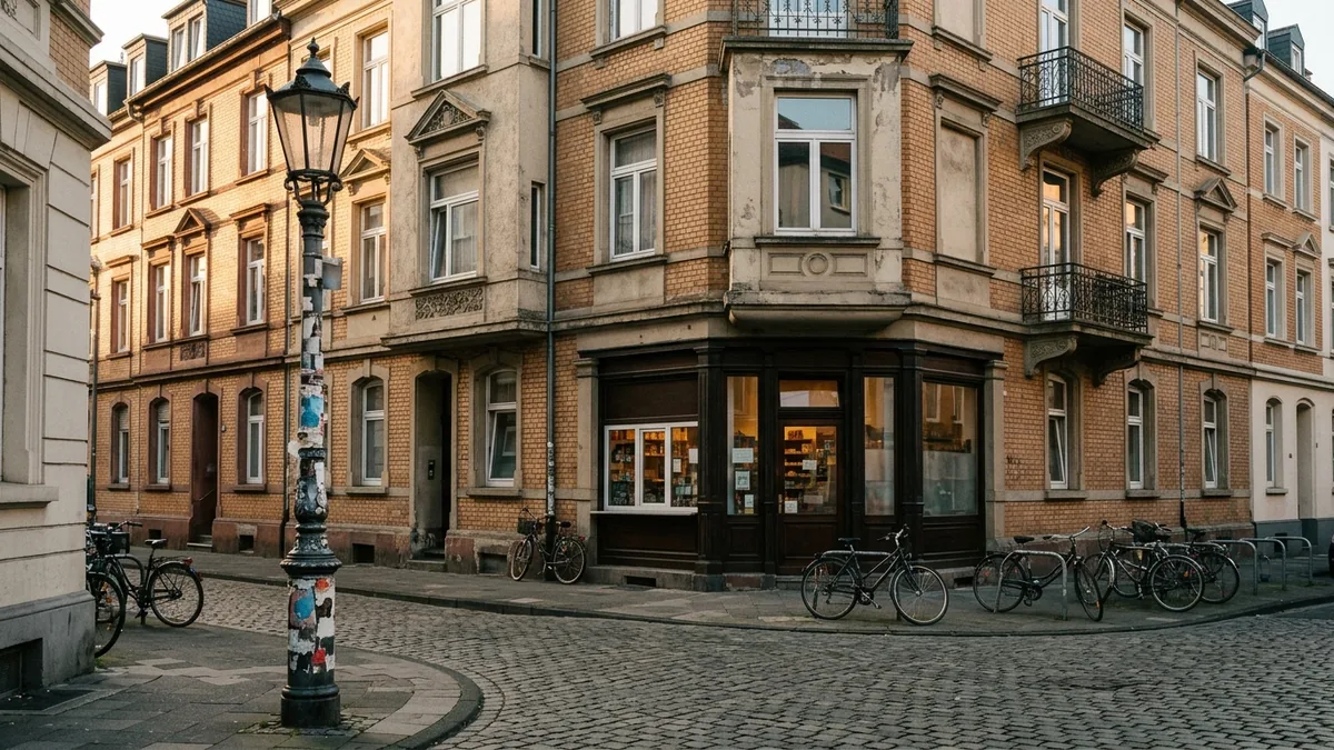 Straßenzug in der Kölner Südstadt mit Kiosk und beklebten Laternenmasten