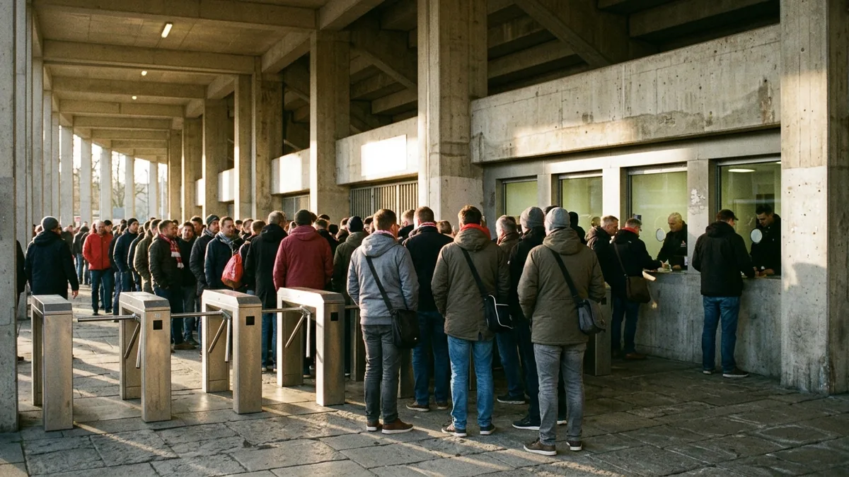 Zuschauer warten an Drehkreuzen und Kassenschaltern im Betoninneren eines Stadions