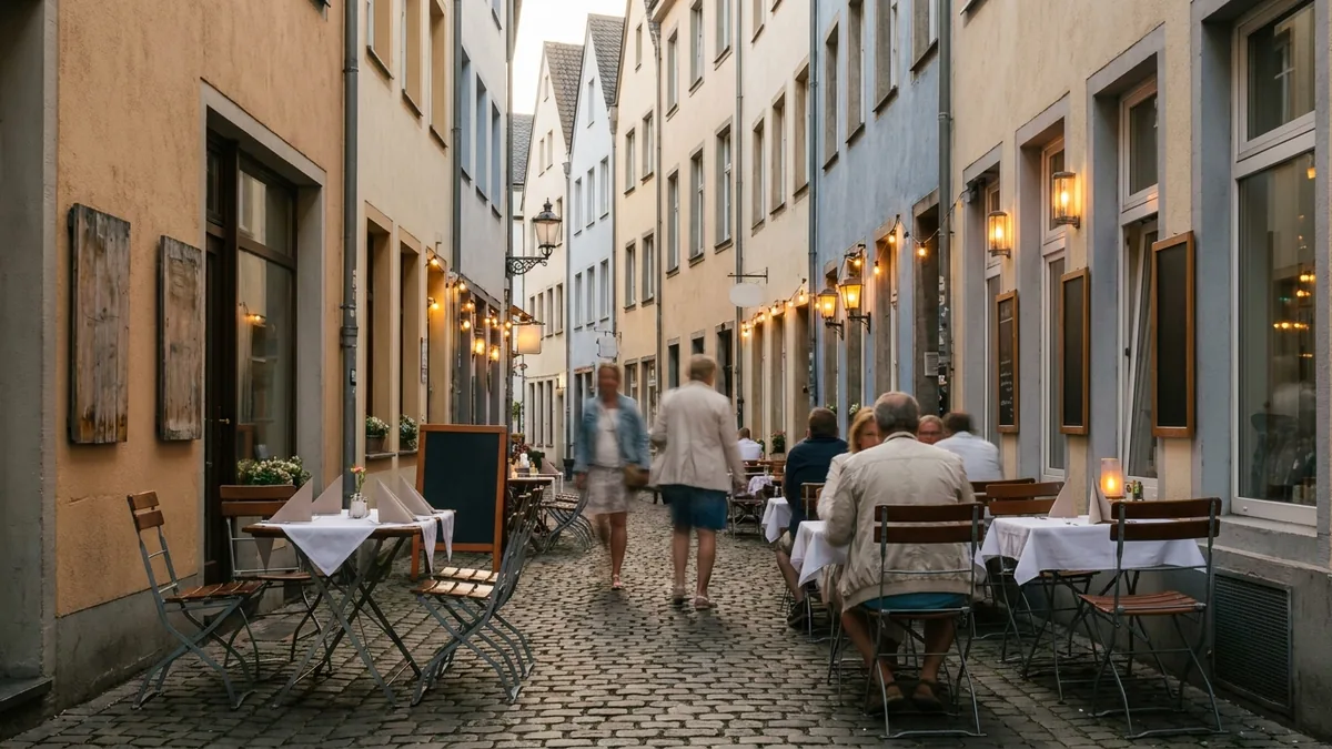 Gepflasterte Gasse am Abend mit gedeckten Außentischen, einige unbesetzt, Passanten in Bewegungsunschärfe