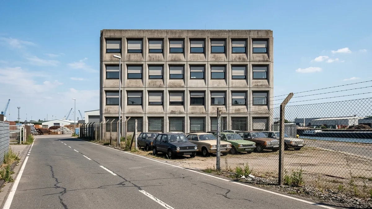 Schlichtes Verwaltungsgebäude hinter einem Werkszaun an einem Kölner Industriehafen