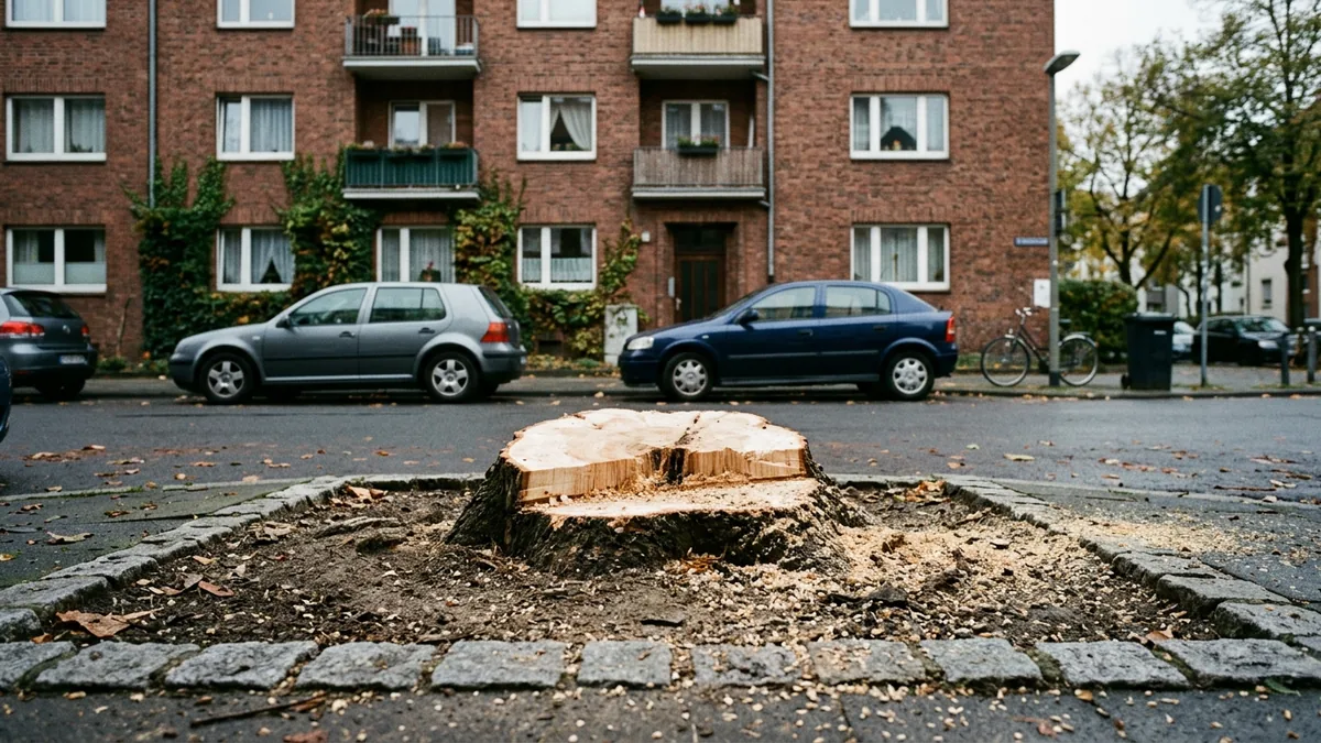 Frisch gefällter Baumstumpf mit Sägeschnitt an einer Kölner Straße, daneben die leere Baumscheibe