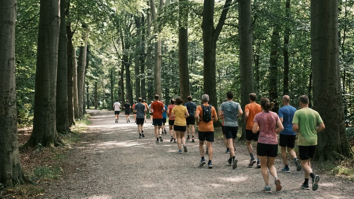Laufgruppe von hinten auf einem schattigen Waldweg im Stadtwald