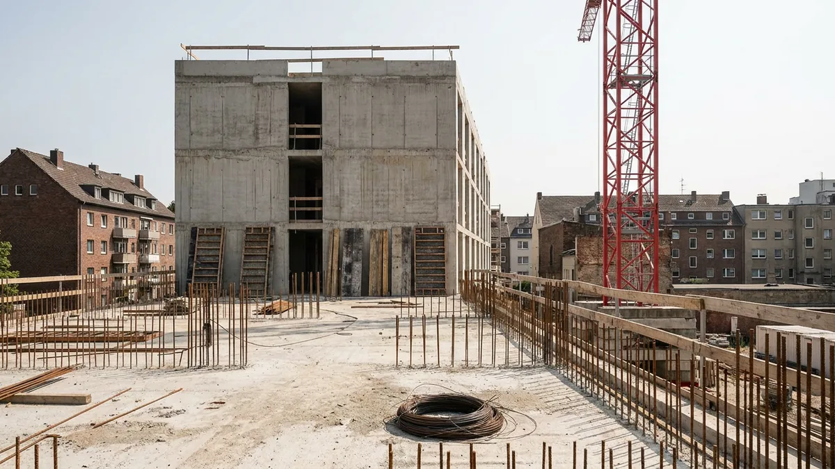 Rohbau eines mehrgeschossigen Betonhauses mit Baukran, im Vordergrund aufragende Bewehrungsstäbe und eine Drahtrolle