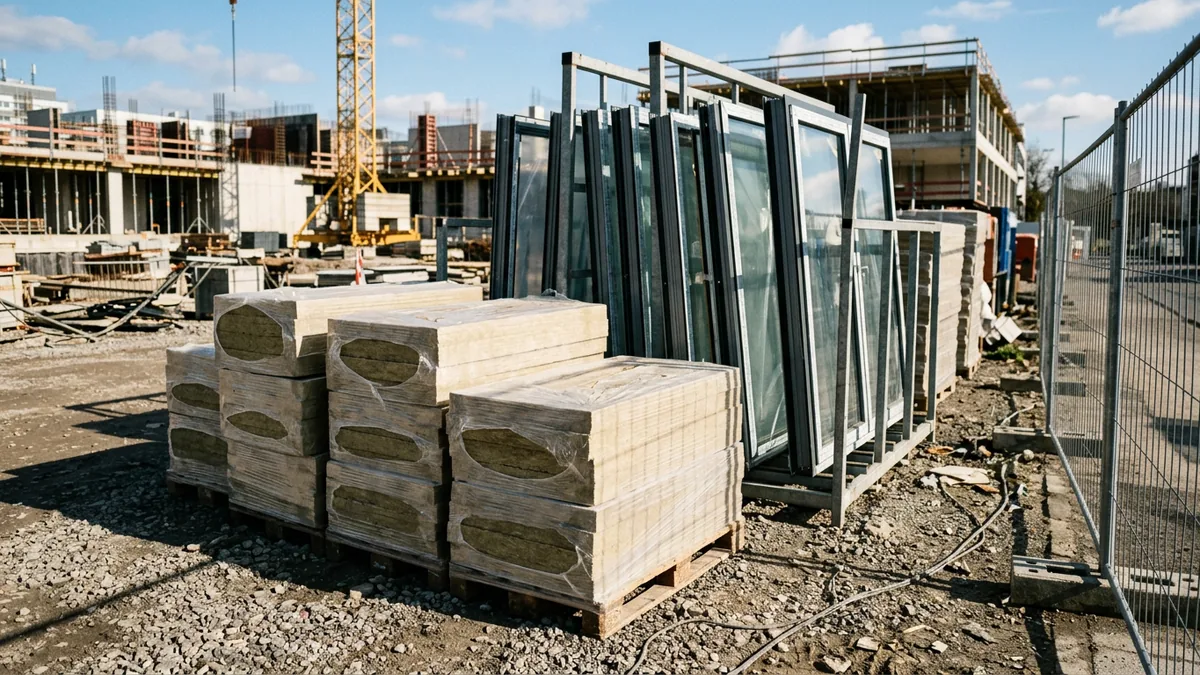 Gestapelte Dämmplatten und aufgereihte Fensterelemente auf einer Baustelle