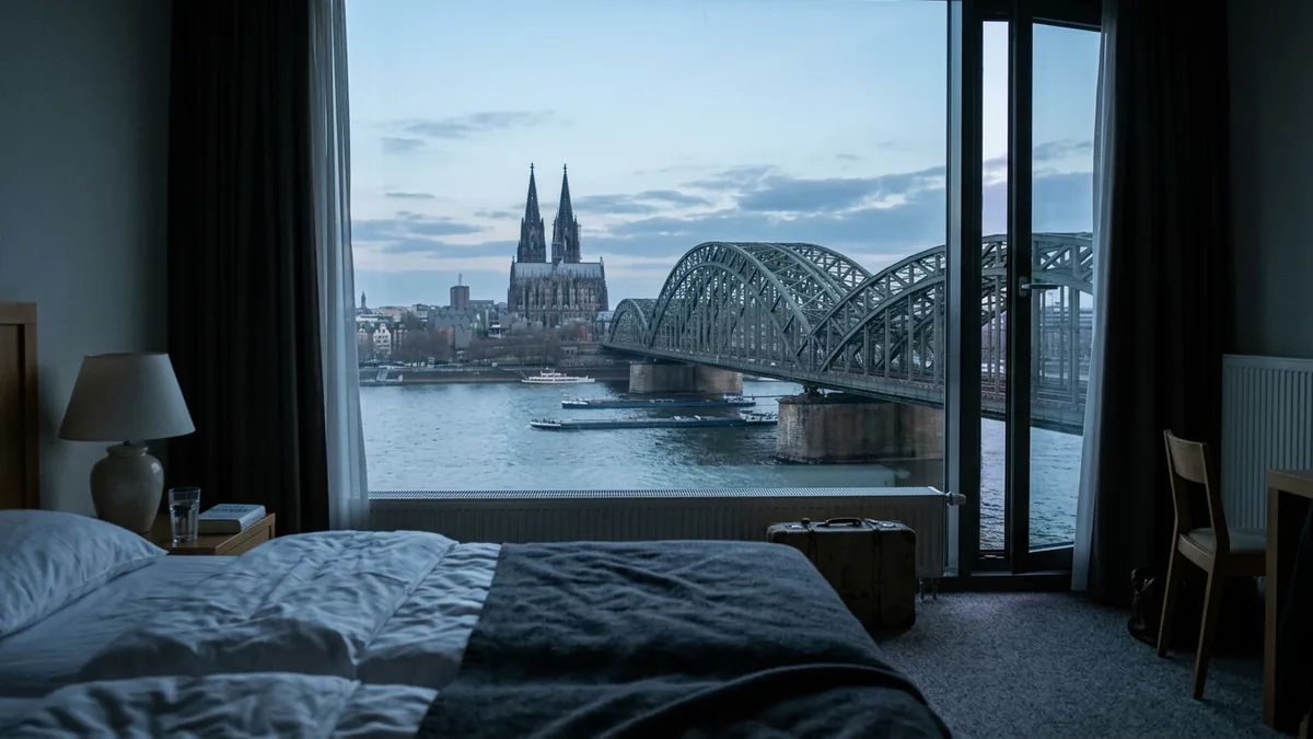 Blick aus einem Hotelzimmerfenster auf den Rhein und eine Stahlbrücke, Bettkante angeschnitten