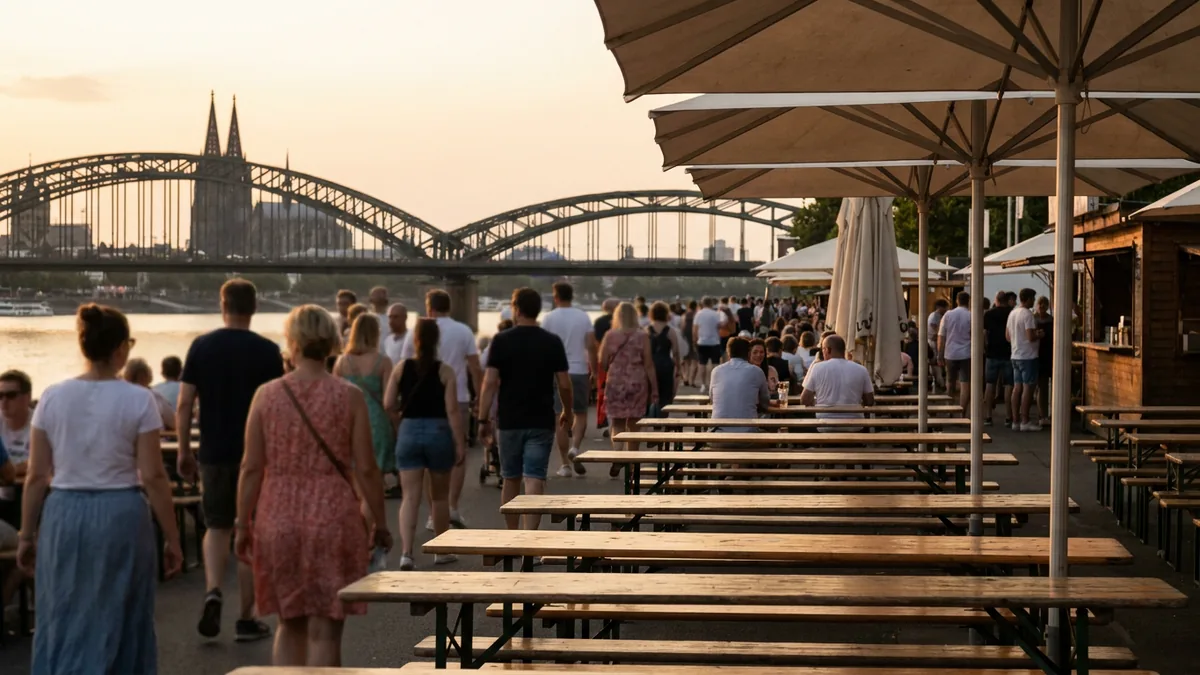 Bierstände und Biergärten an der Rheinpromenade am Konrad-Adenauer-Ufer in Köln