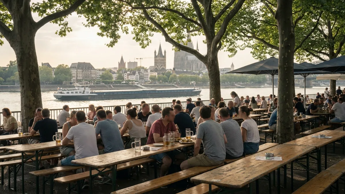 Besucher an langen Biertischen unter Bäumen an der Rheinpromenade