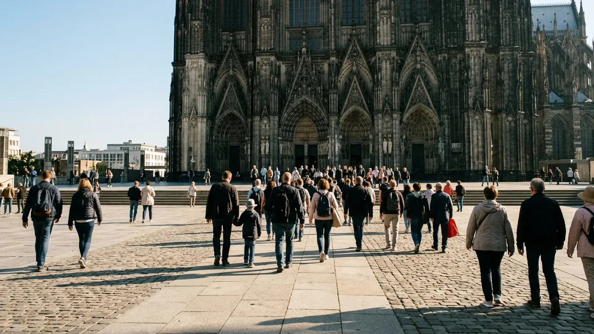Besucher gehen über einen gepflasterten Platz auf das Westportal einer gotischen Kathedrale zu.