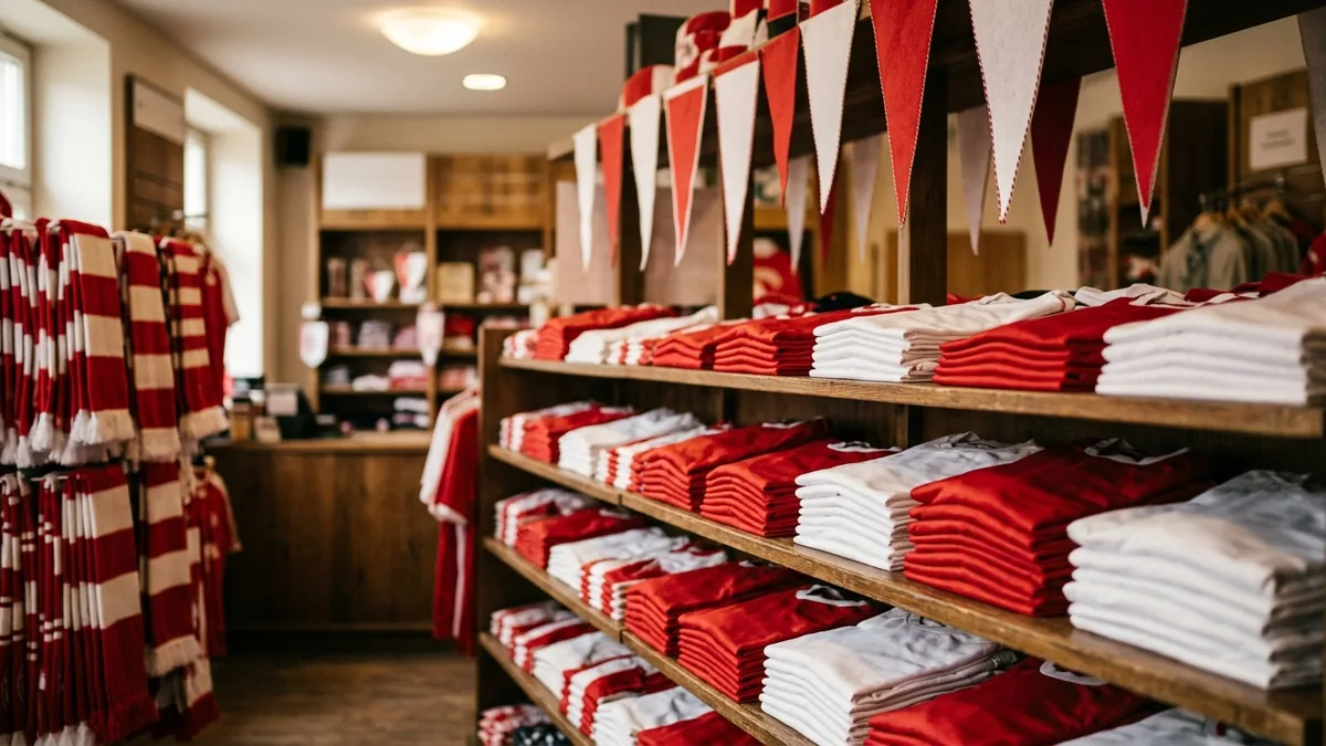 Regale mit gefalteten Trikots, Schals und Wimpeln in einem Vereinsshop