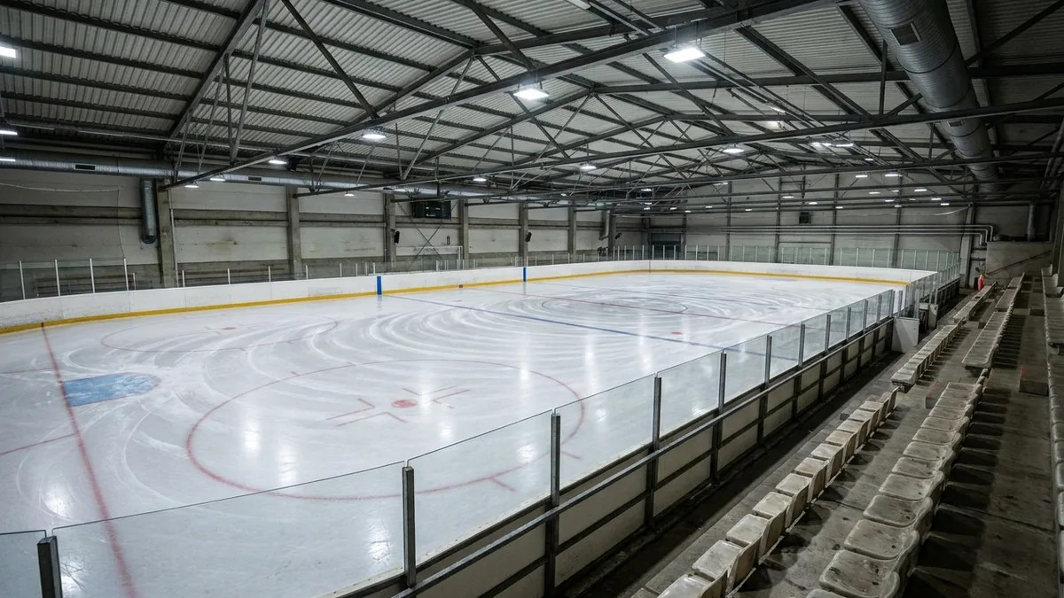 Leere Eisfläche einer Trainingshalle mit frisch aufbereitetem Eis und Bandenwerbungfreier Bande